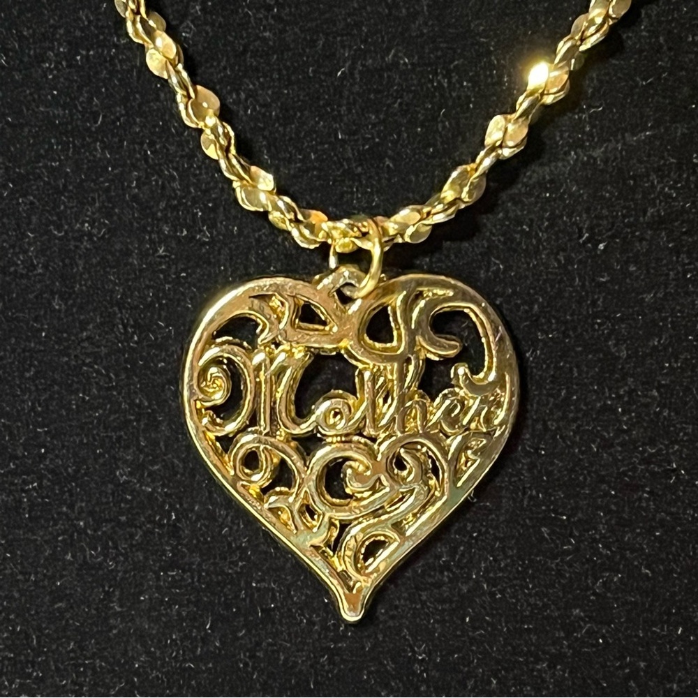 Elegant Goldtone Filigree Heart Pendant with Mother at Center 30 Inch Necklace